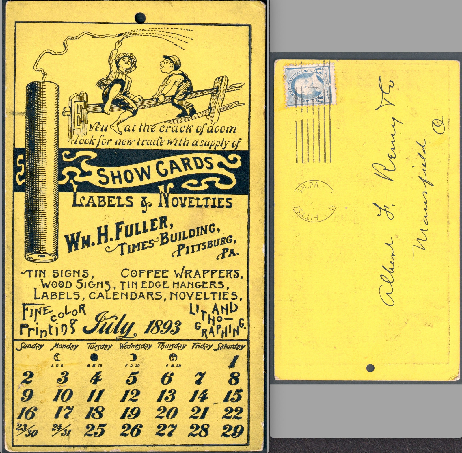 RARE – 1893 Firecracker 4th of July Printer Fuller Lithograph Pittsburgh Ad Card
