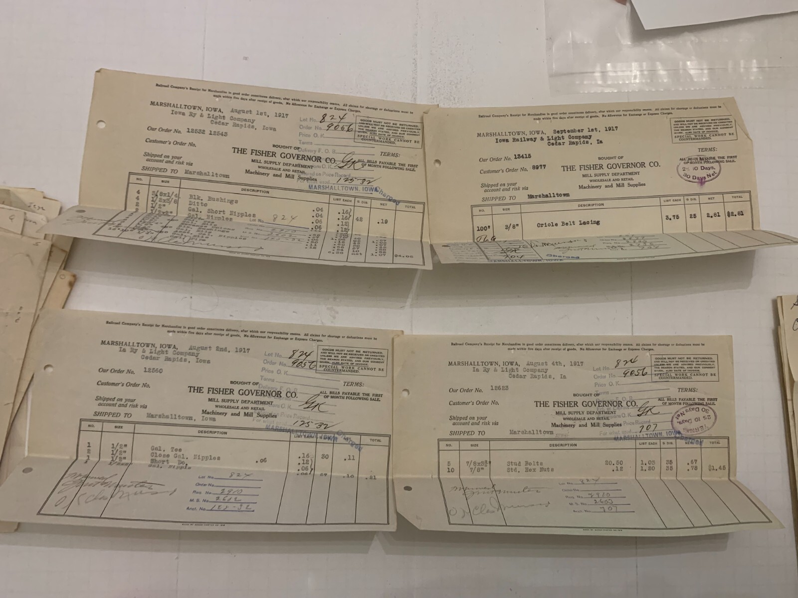 1917 The Fisher Governor Company Marshalltown Iowa Receipt