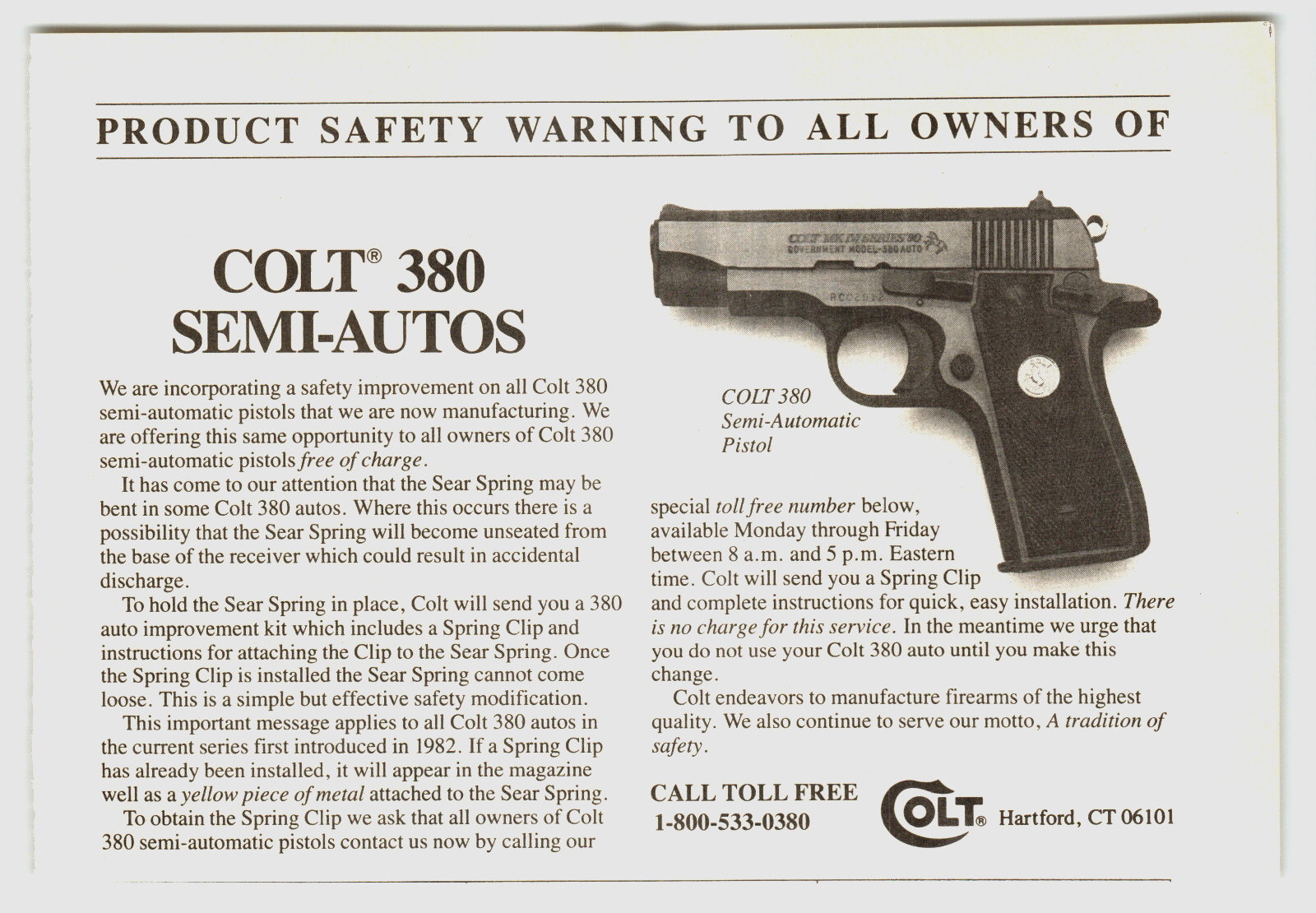 Print Ad 1988 Colt 380 Semi Autos Product Safety Warning Sear Spring Clip