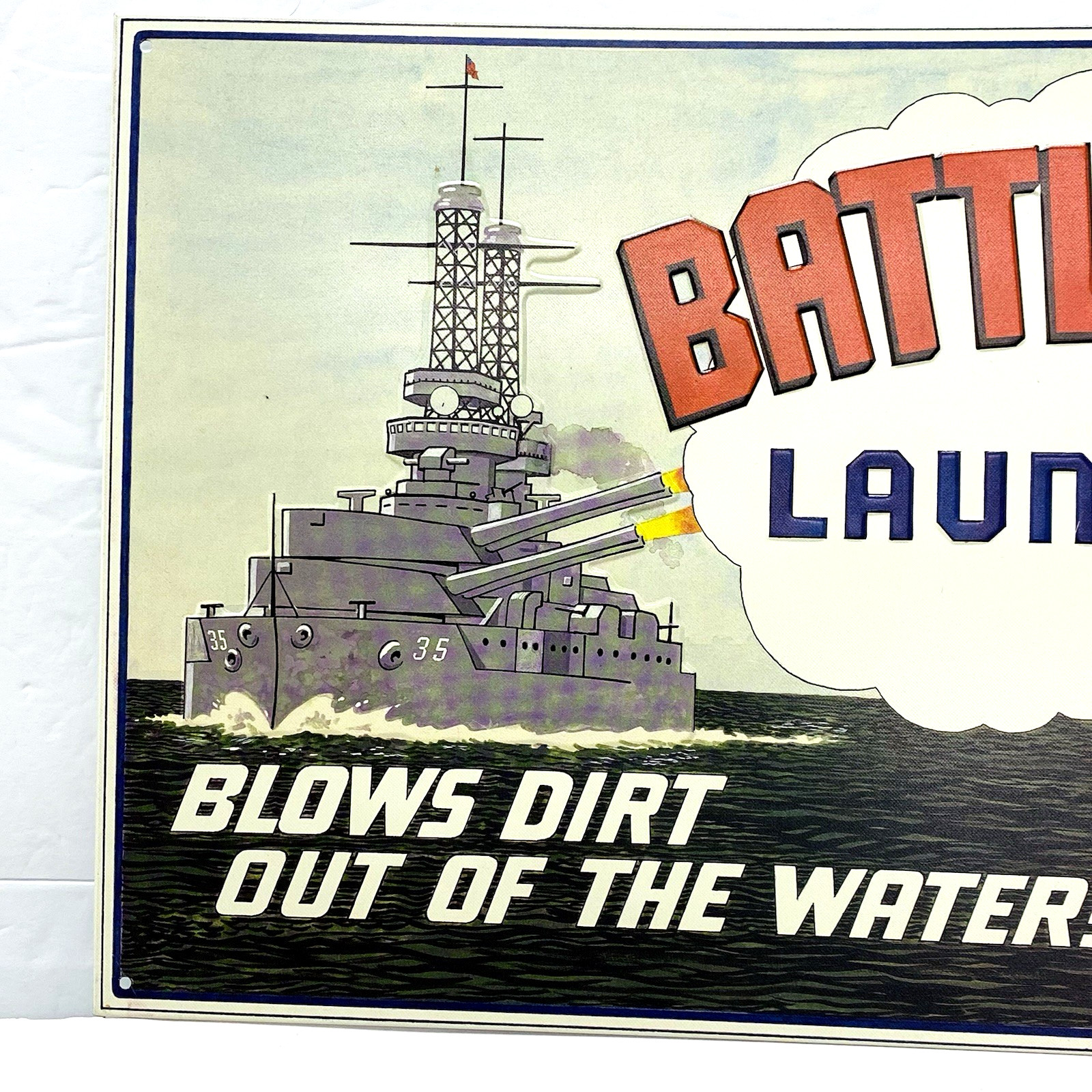 Vtg 1993 Battleship Brand Laundry Soap Metal Tin Sign Retro Style Repro 10 x 16