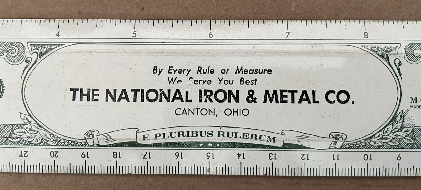 Vintage 1973 NATIONAL IRON & METAL CO Canton Ohio Metal Ruler E Pluribus Rulrum