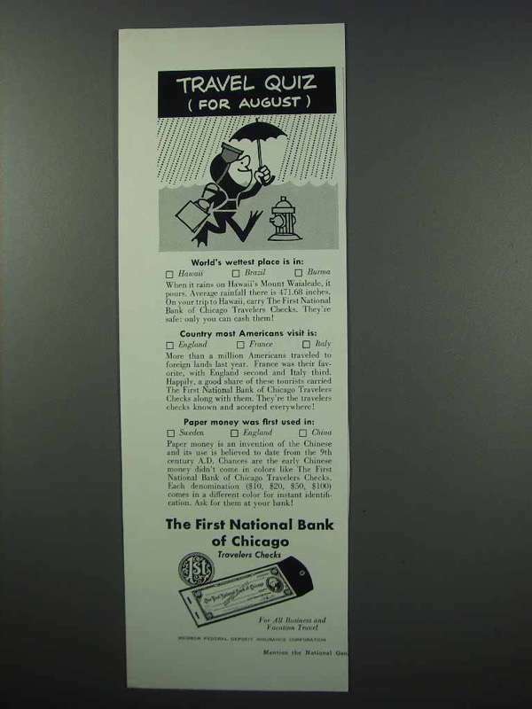 1960 The First National Bank of Chicago Ad – August