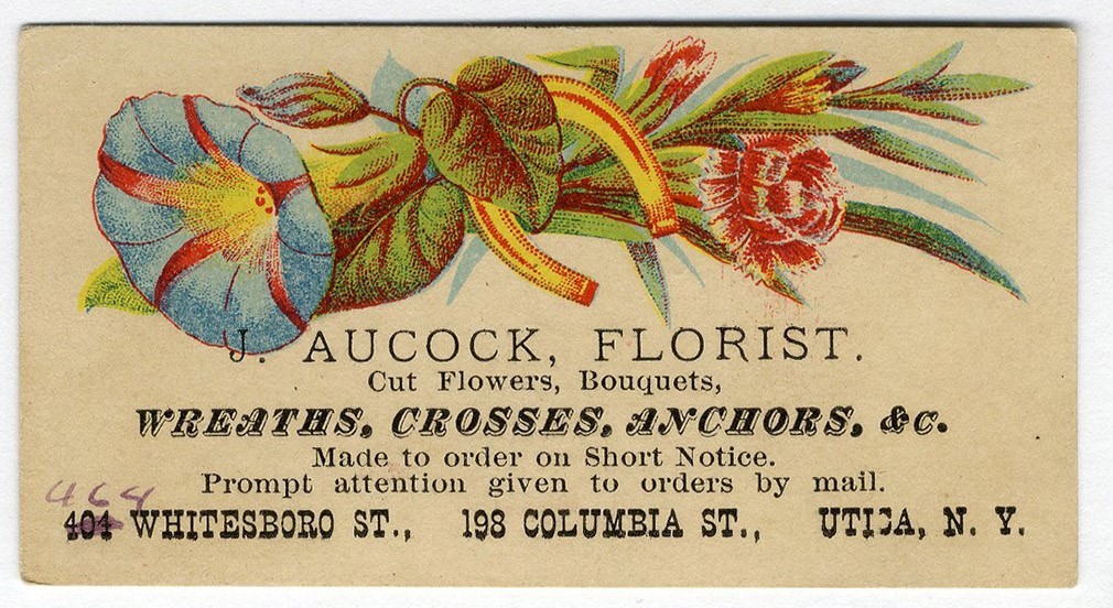Utica NY AUCOCK FLORIST Wreaths Crosses Anchors 1880’s VICTORIAN Trade Card