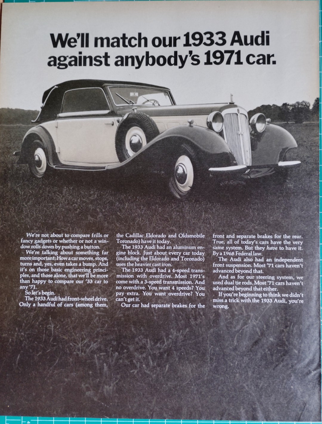 Vintage Retro 2-Pg 1970 Ad Audi Automobiles Match Our 1933 Against Any 1971 Car
