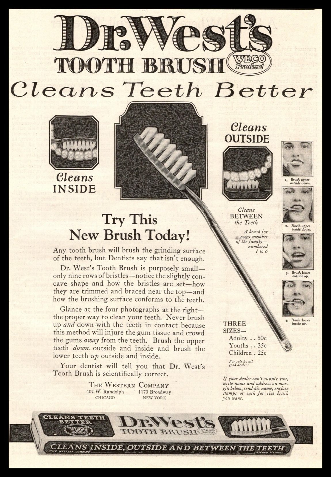 1922 Dr. West’s Tooth Brush “Cleans Teeth Better” The Western Company Print Ad