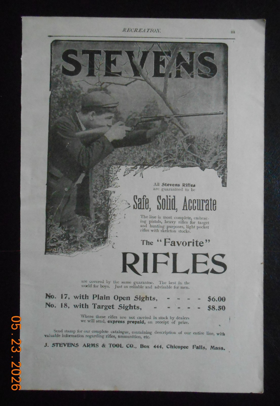 1900 J. Stevens Arms & Tool CO Chicopee Falls mA Favorite Boys Rifle AD Ship Toy