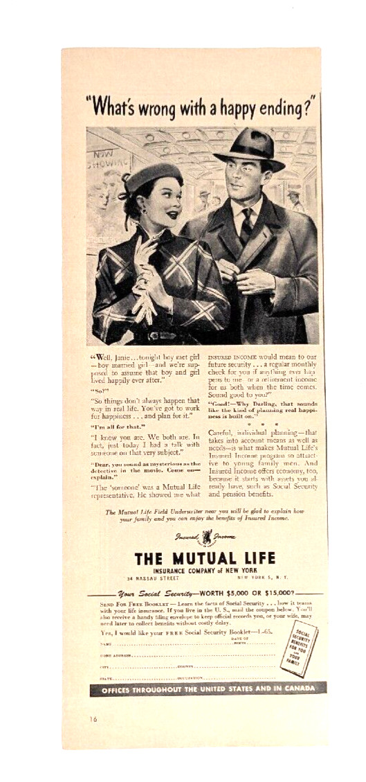 vintage 1950 Mutual life PRINT AD 1/2 page happy ending couple