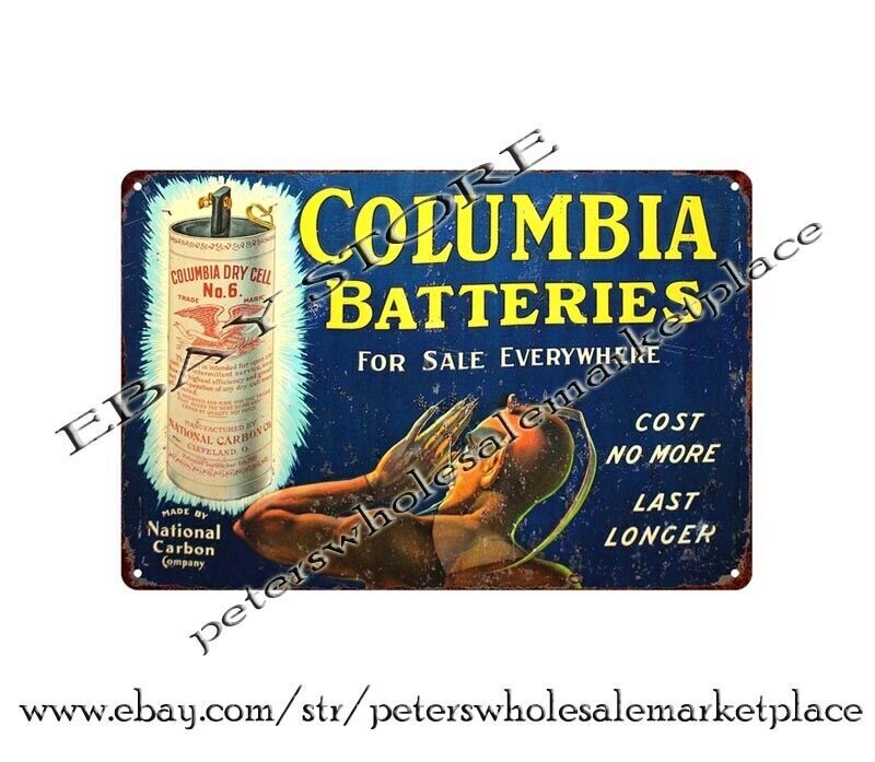 rustic garage ideas COLUMBIA DRY CELL BATTERIES metal tin sign