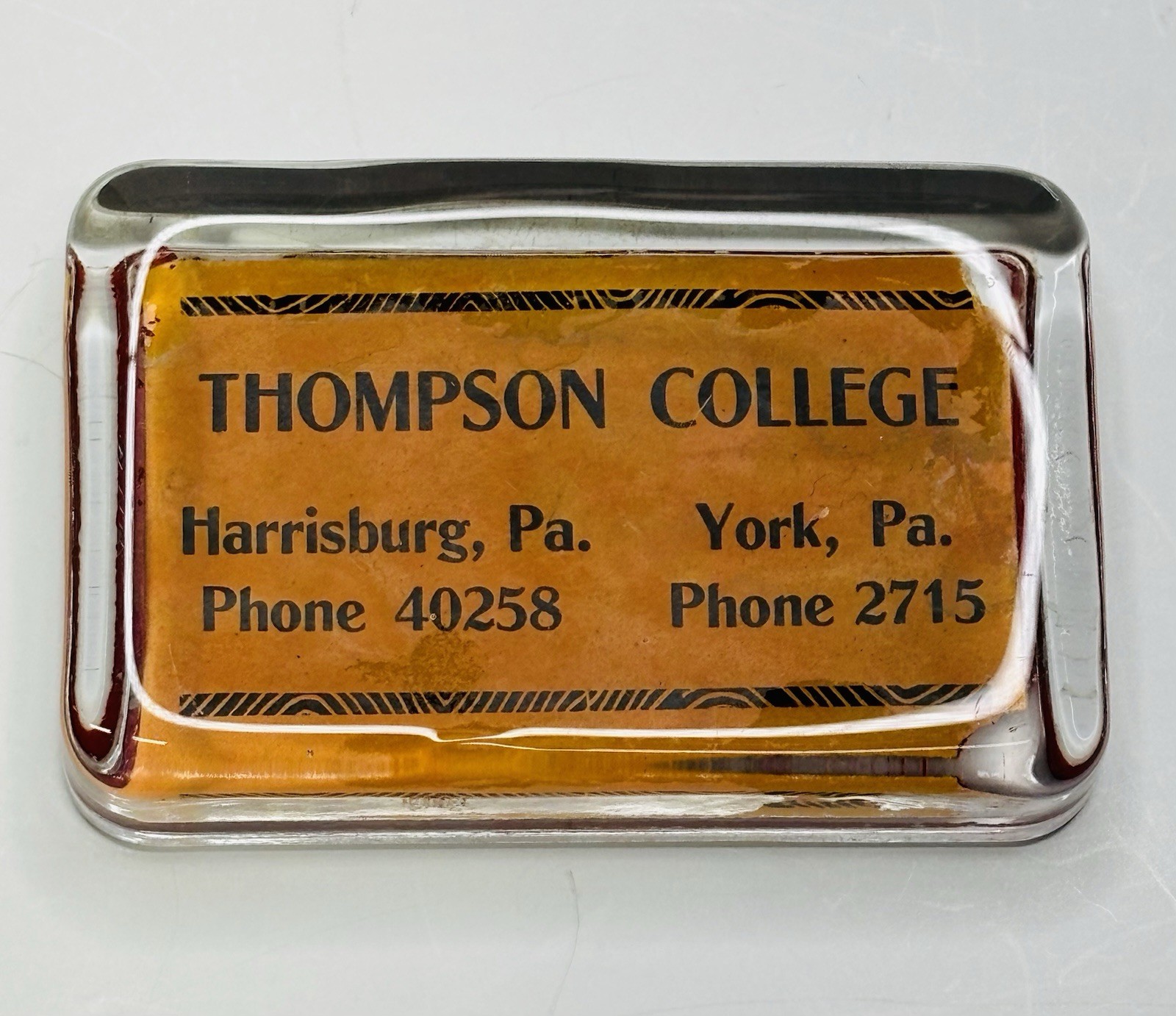 Vintage Thompson College Glass Paper Weight