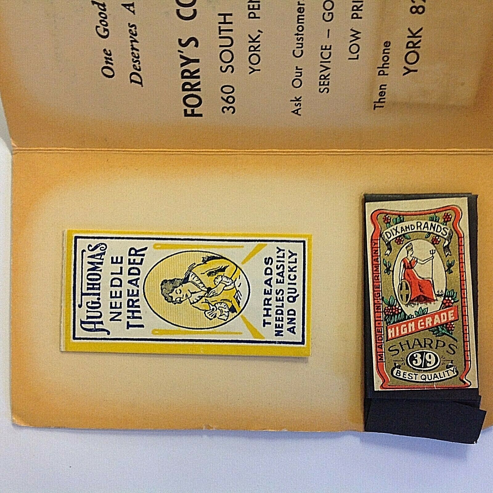 Vintage 1940 Forry’s Coal Company Souvenir Needles Threader Dix Rands Aug Thomas