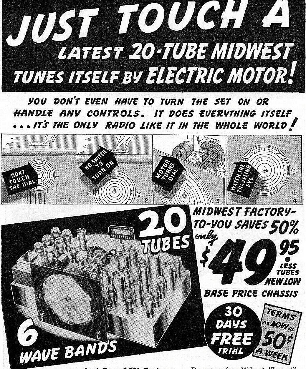 Vintage Ad Print, 20 Tubes & 6 Waves by Midwest Radio Corp., 1937, 9.5 x 6