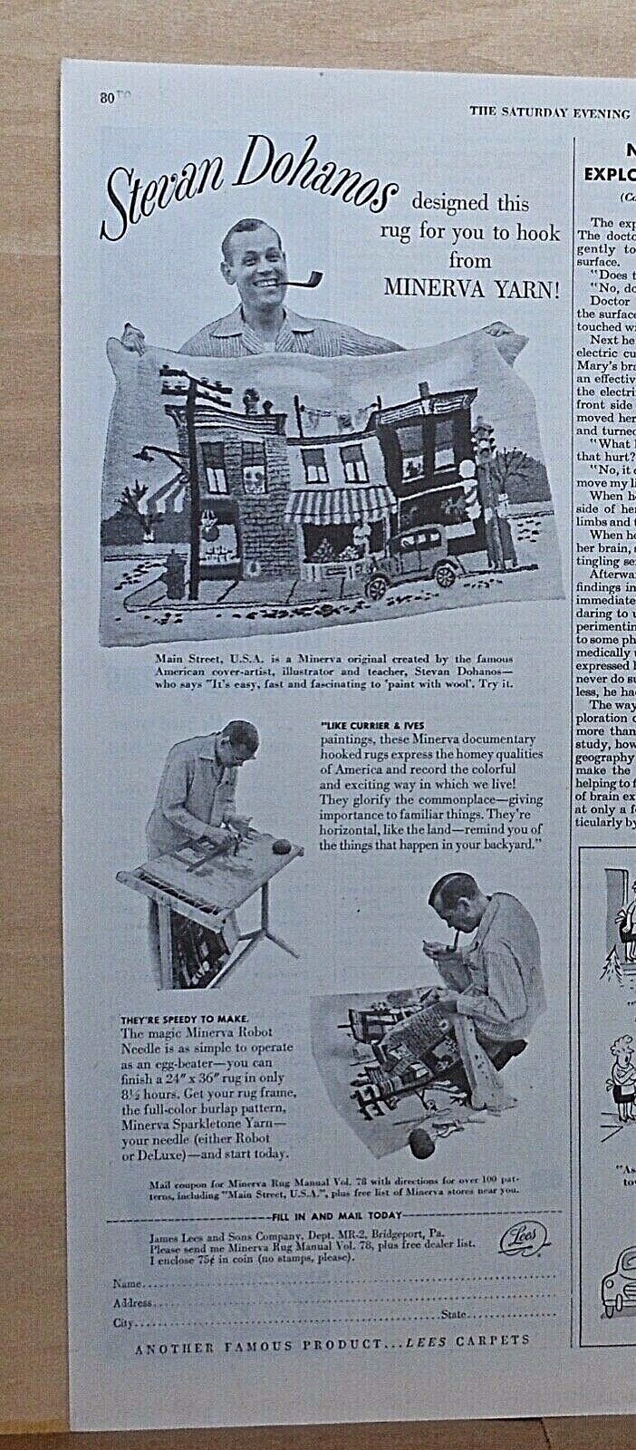 1949 magazine ad for Minerva Yarn – Steven Dohanos designs Main St. Rug to hook