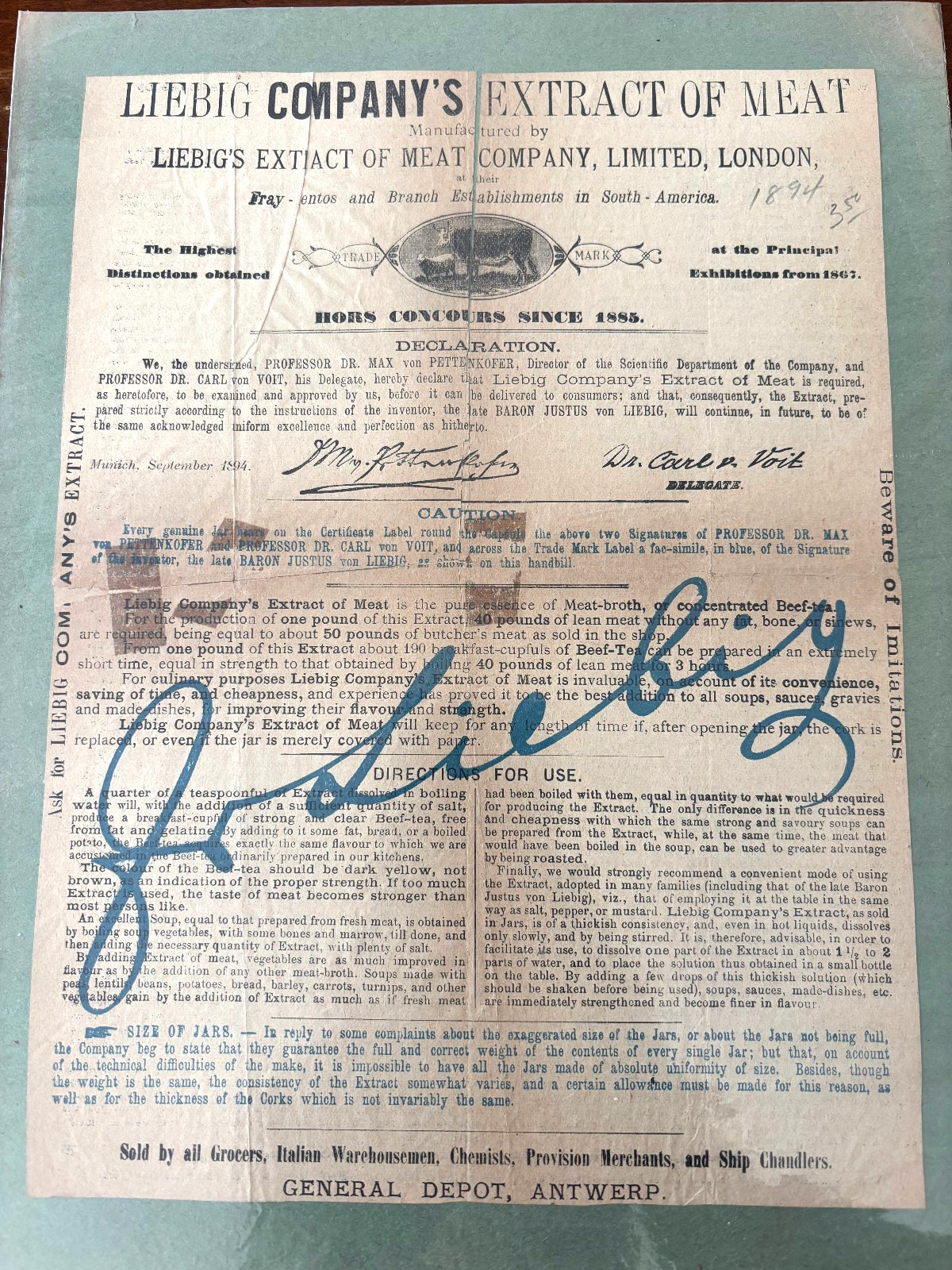 Liebig Extract of Meat 1894 Advertising Handbill Broadside Antwerp London Victor