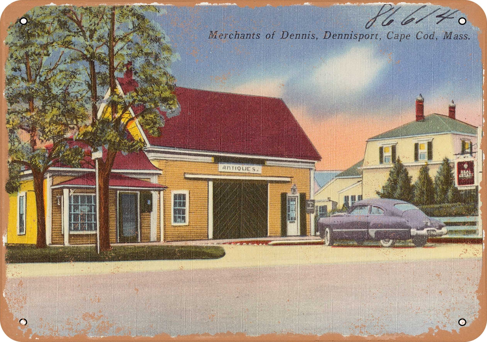 METAL SIGN – Massachusetts Postcard – Merchants of Dennis, Dennisport, Cape Cod