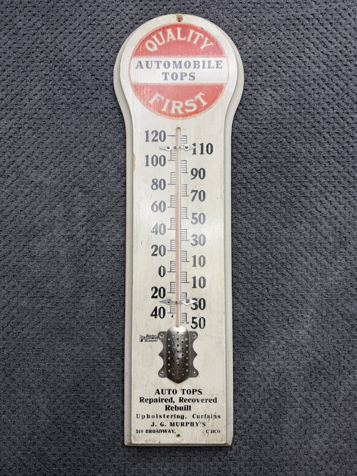 Early Wooden Painted Quality First Auto Tops Thermometer Chico, CA Permacolor
