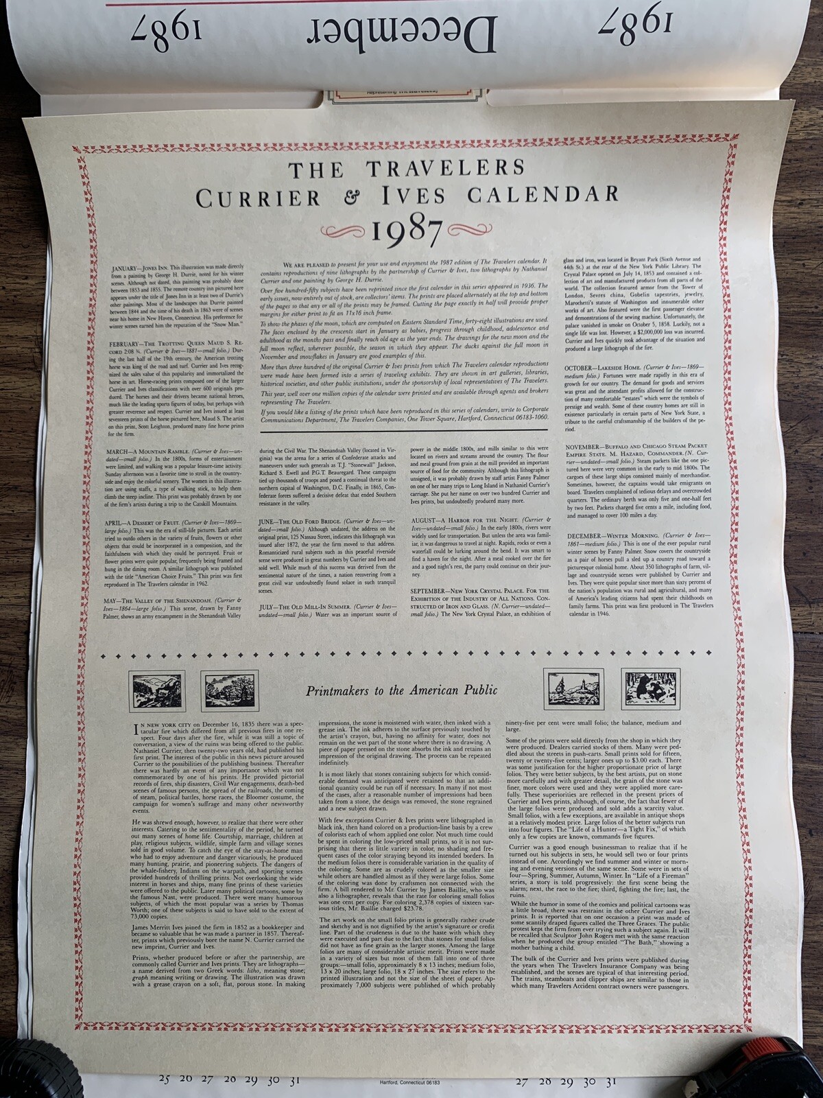 1987 Complete Calendar Currier Ives Prints Travelers Ins Bellows Peterborough NH