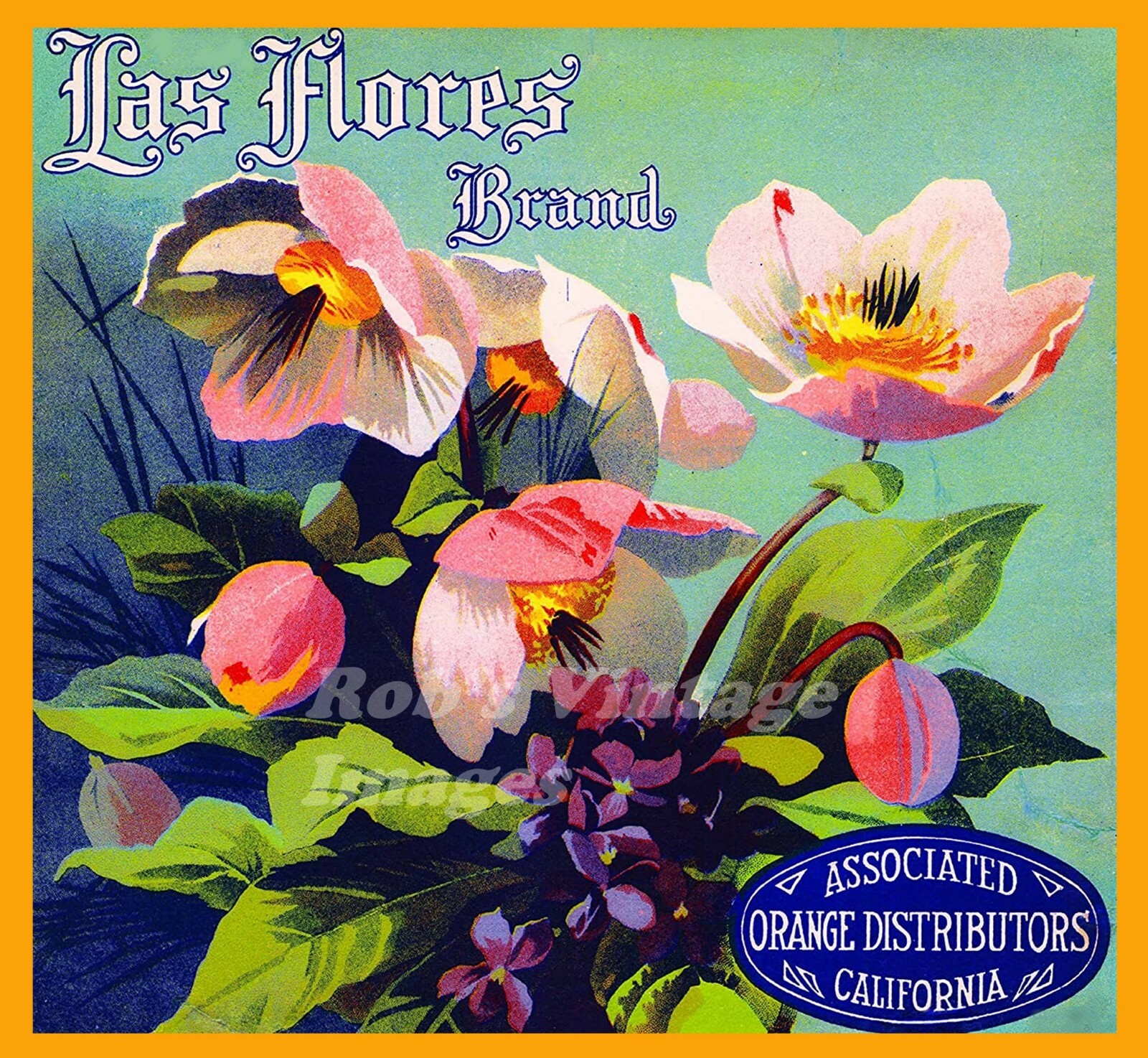 Los Angeles California Las Flores Orange Citrus Fruit Crate Box Label Art