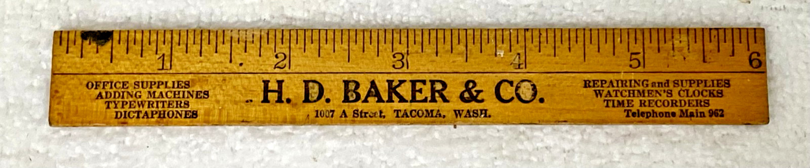 Vintage HD Baker Co Tacoma Advertising Office Supplies Clocks Ruler Wood 6″
