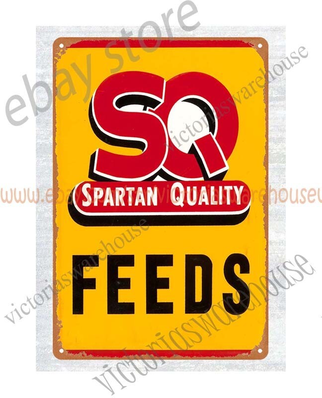 1950s SQ SPARTAN QUALITY FEEDS farm barn livestock metal tin sign wall art