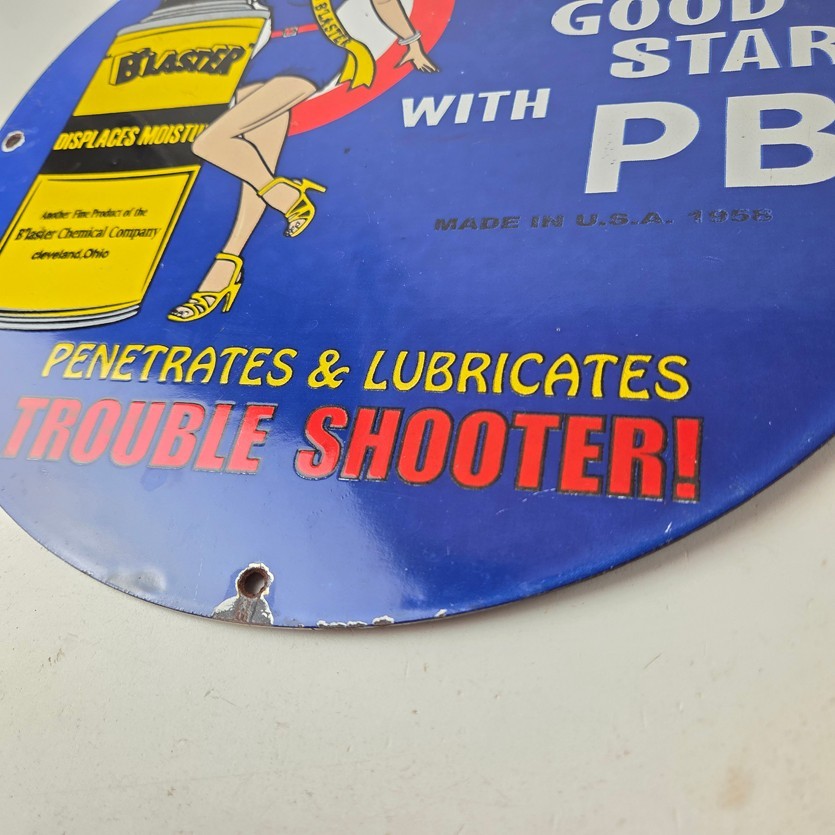 Vintage Lubricant Sign – Pin Up Trouble Shooter Porcelain Gas Service Sign