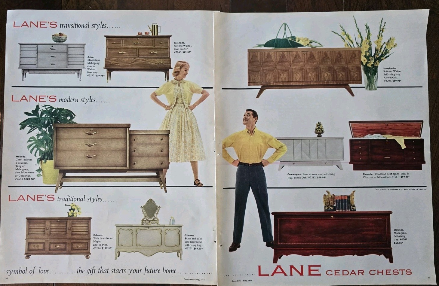 1958 Lane Transitional Modern Traditional Style Cedar Chests Vintage 2 Page Ad