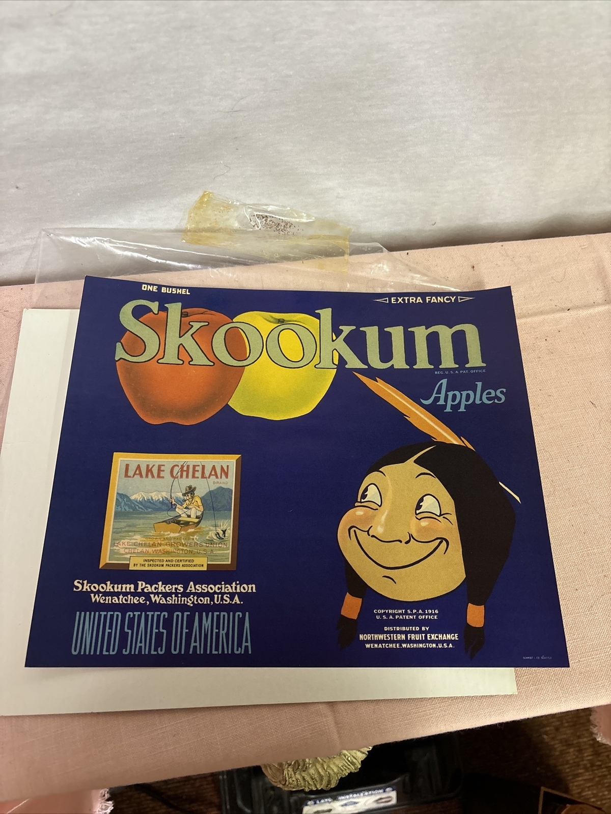 Wenatchee Washington Skookum Injuns Apple Fruit Crate Label Lake Chelan