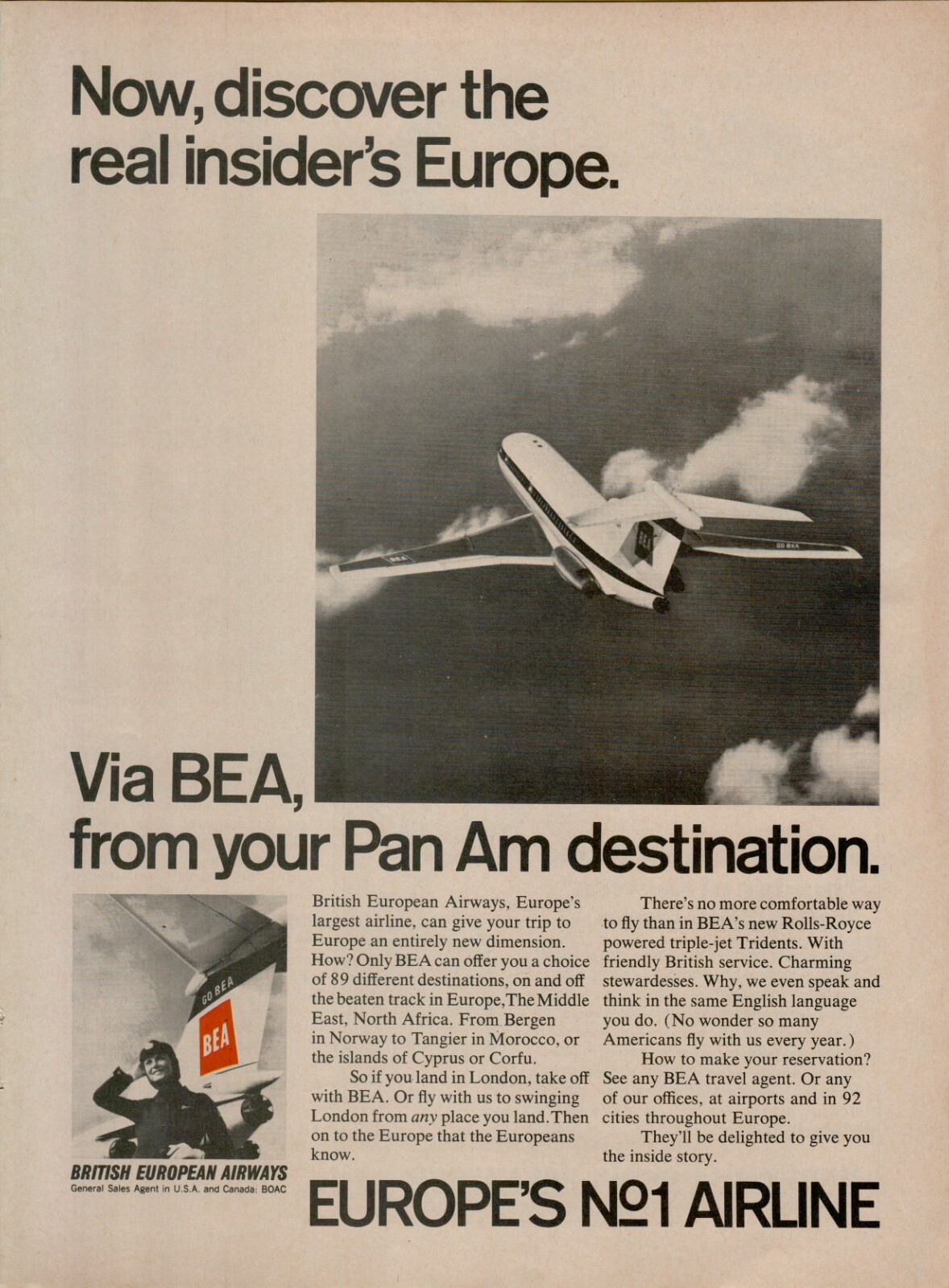 1968 BEA British European Airways London Pan Am Destinations Vintage Print Ad