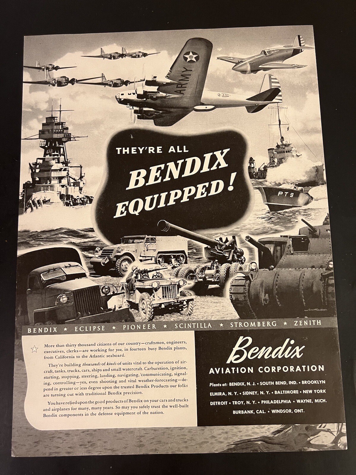 Bendix Aviation Corporation WWII Era Magazine Print Add 10×13.5 Patriotic