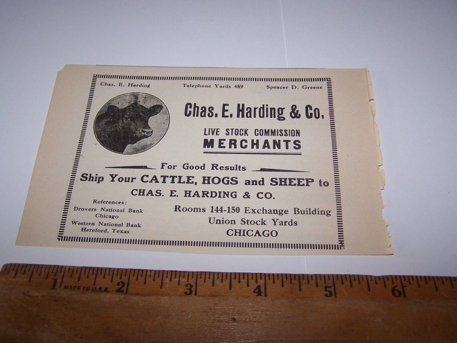 1919 CHAS E HARDING & CO LIVE STOCK COMMISSION Paper Ad CHICAGO ILLINOIS