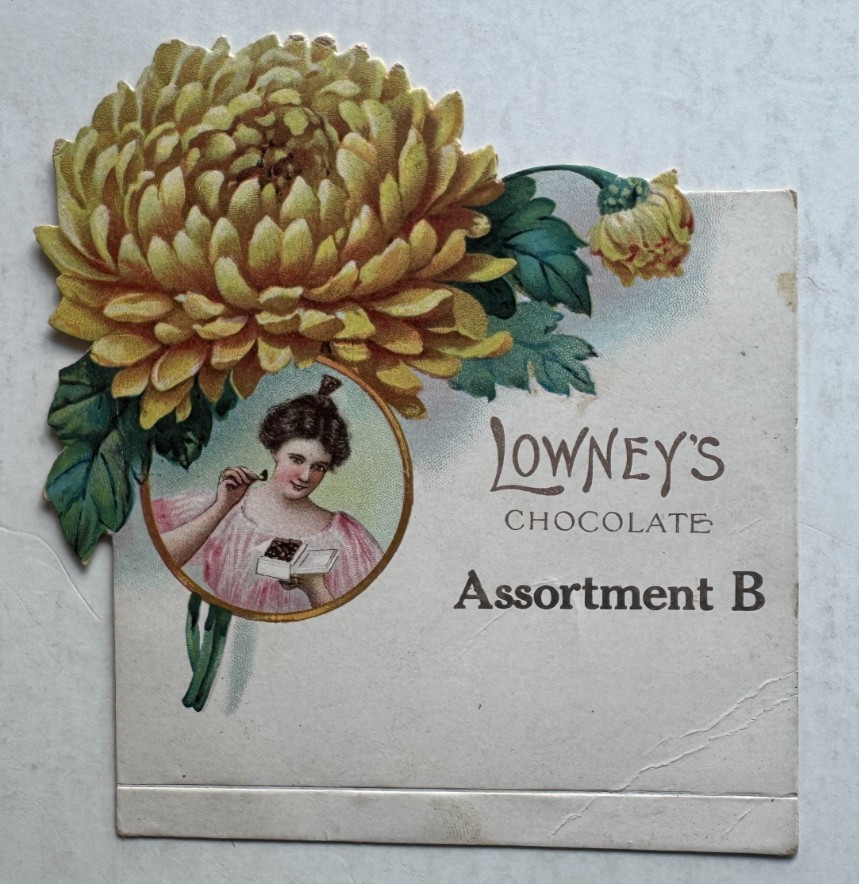 Vintage Victorian Die cut Trade Card Lowney’s Chocolate Woman Flowers Boston MA