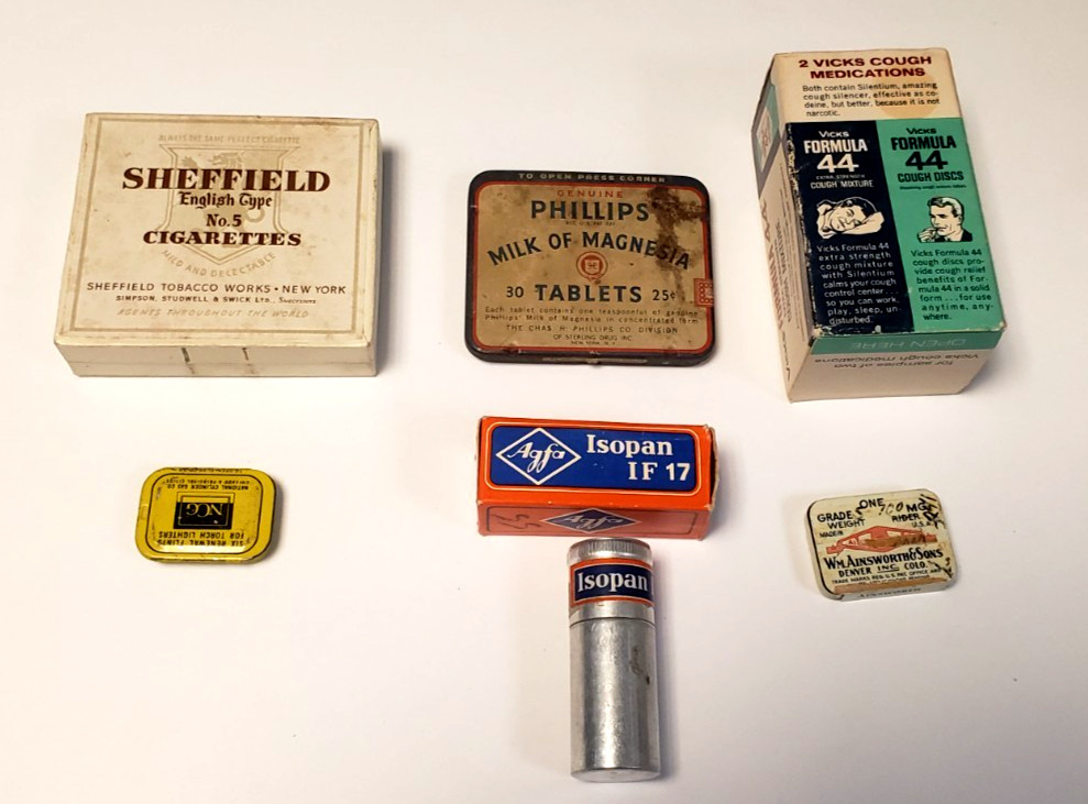 Mixed Lot 7 Vintage Boxes & Metal Containers Vicks 44 & Phillips Milk Magnesia