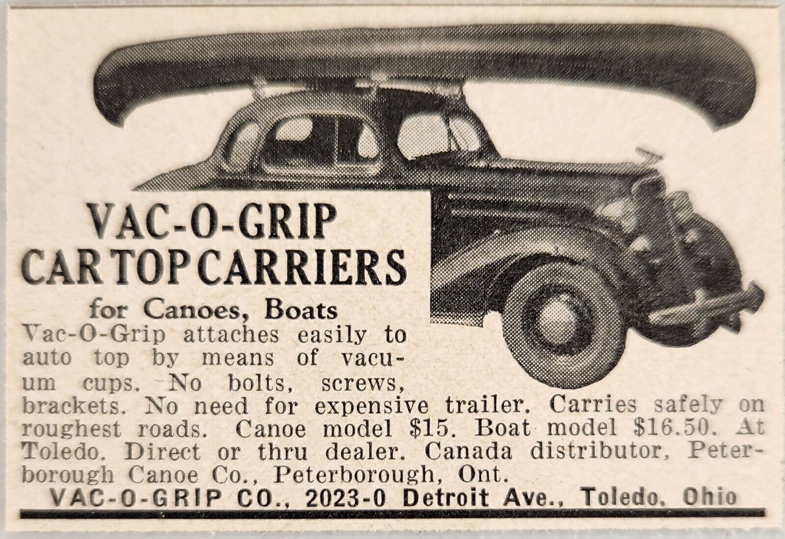 1937 Print Ad Vac-O-Grip Car Top Carriers Canoes,Boats Detroit,MI Toledo,Ohio