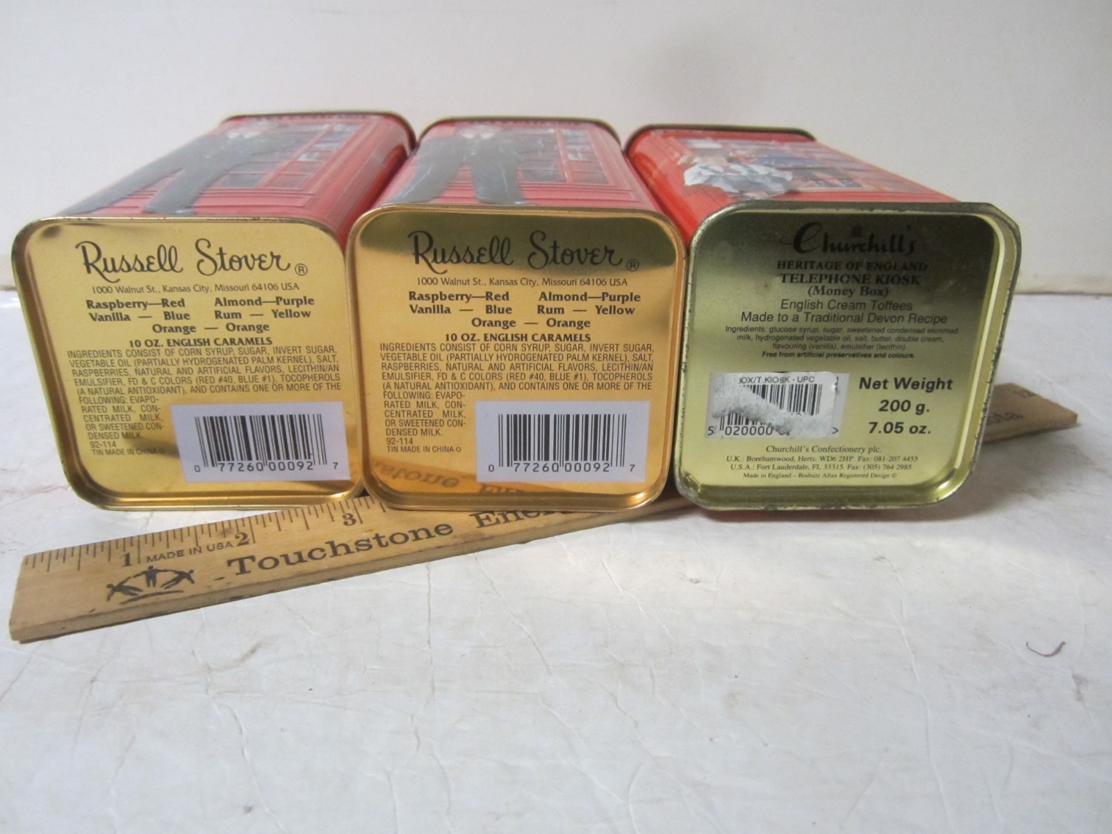 3 Russell Stover Red Telephone Booth & British Bobby Tin Bank, English Caramels