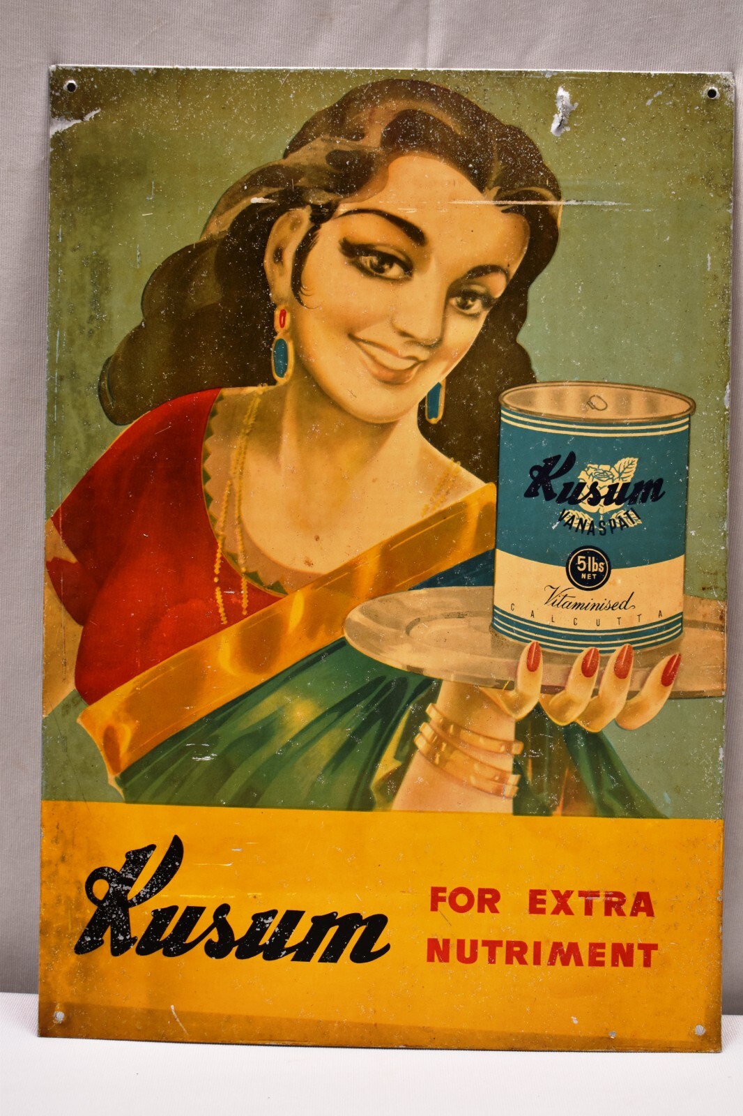 Vintage Tin Sign Board Advertising Of Kusum Vanaspati Ghee Lady With Ghee Tin “1