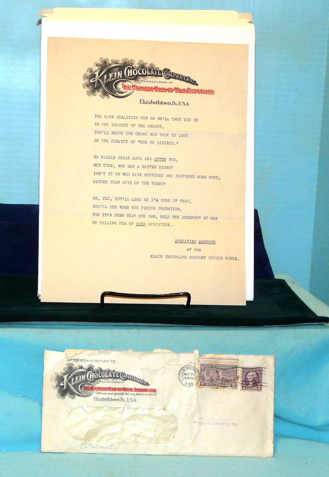 Klein’s Chocolate Elizabethtown,Pa.~Fancy Letterhead and Envelope 1930’s
