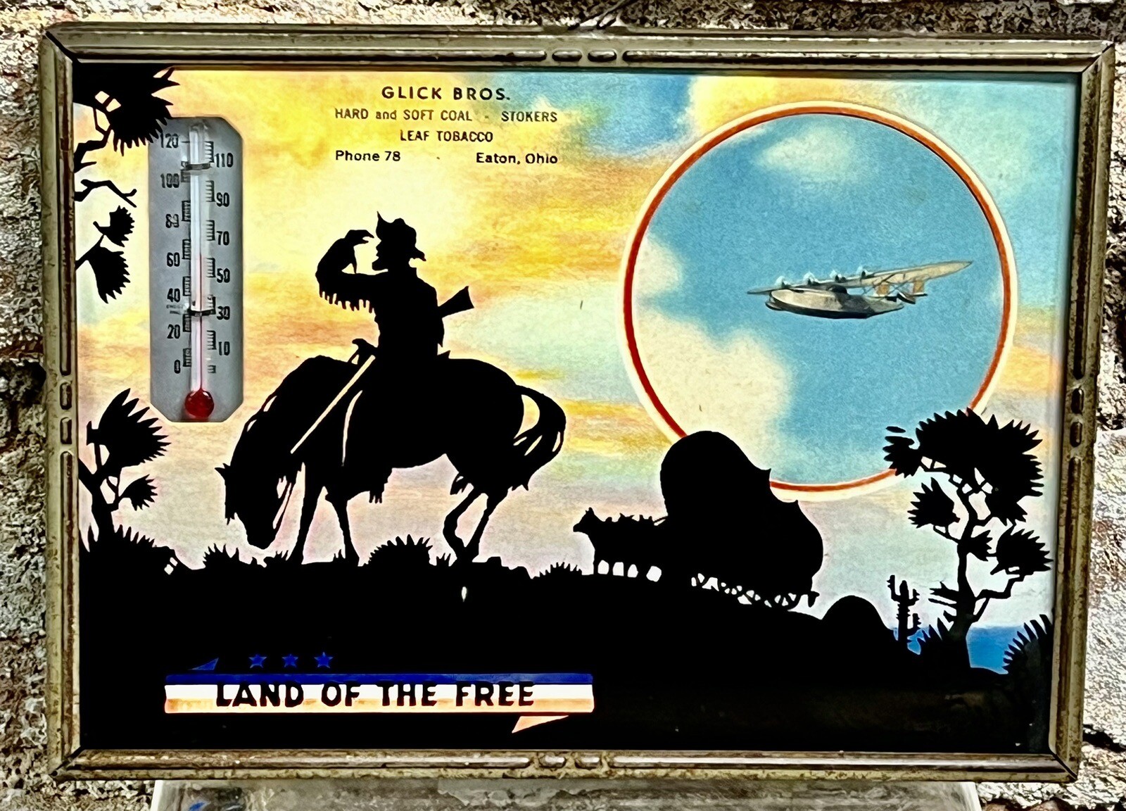 Vintage Cowboy Silhouette Framed Picture Thermometer Glick Bros Tobacco Eaton OH