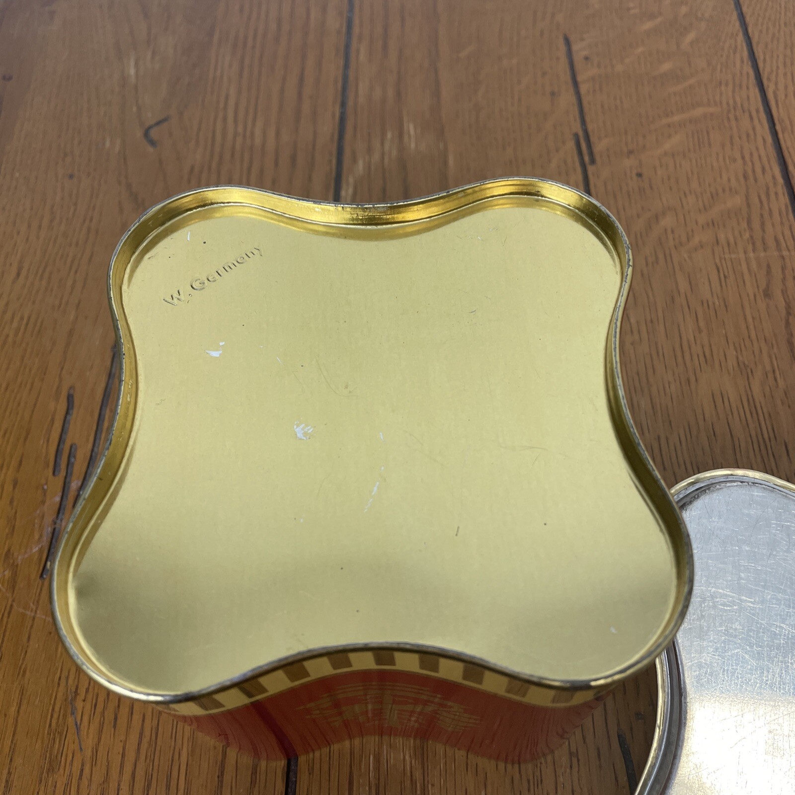 Vintage Tea Tin with Lid Red Black and Gold Hunter Fawn Reindeer Bunny Rabbit