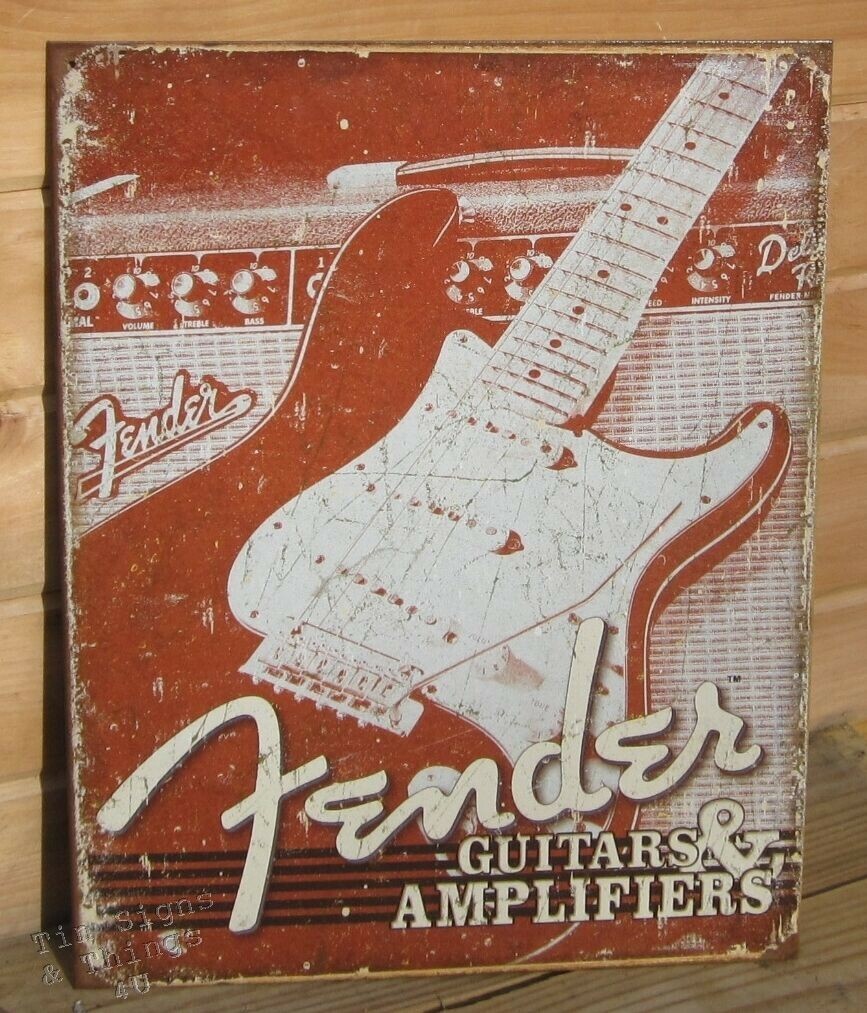 16×12.5″ Fender Guitars Amplifiers TIN SIGN vintage ad rustic metal poster 1860
