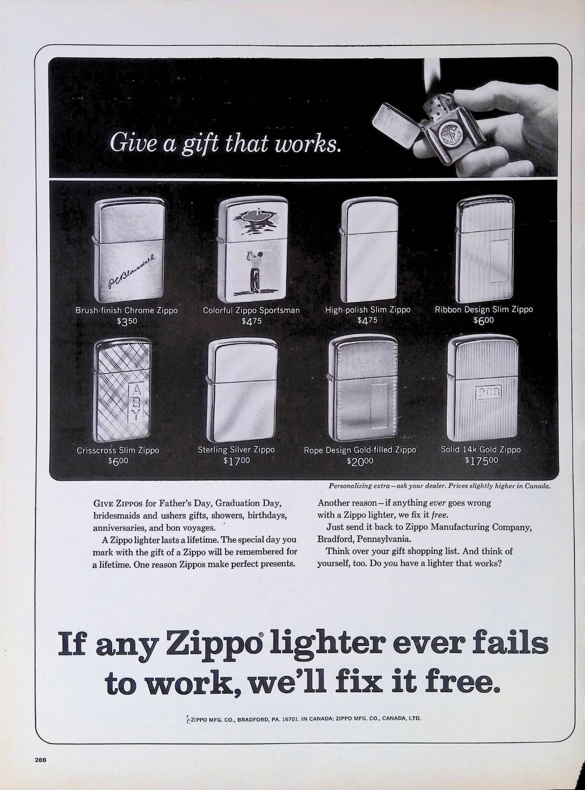 Vintage Print Ad 1966 Zippo Lighters Christmas Gift Chrome Gold Silver Sports