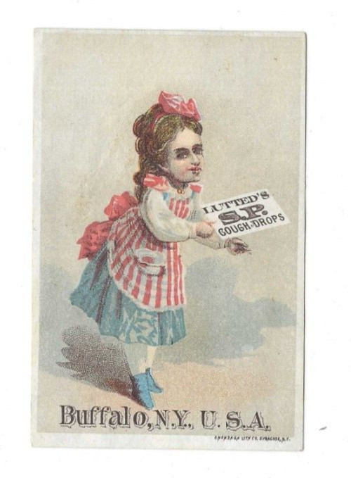 Old Quack Medicine Trade Card Lutted’s S. P. Cough Drops Buffalo NY Girl Sign