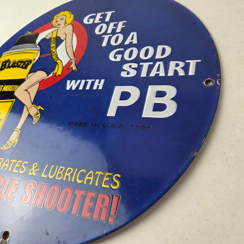 Vintage Lubricant Sign – Pin Up Trouble Shooter Porcelain Gas Service Sign