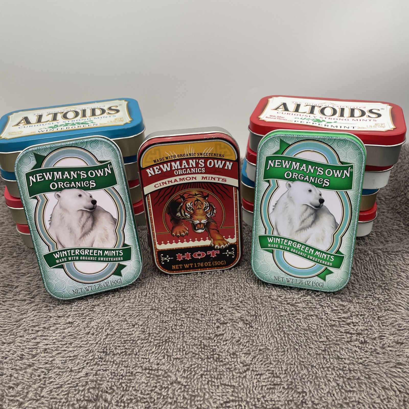 2 Newman’s Own Organics Wintergreen 1 Cinnamon & 8 Altoids Mint Tins Empty