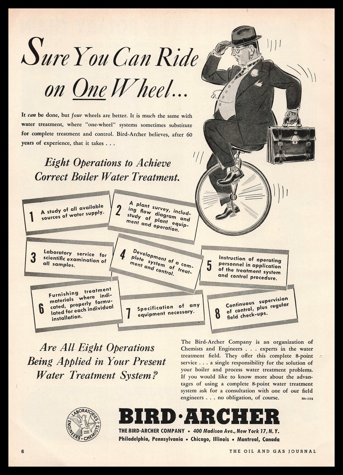 1947 Bird Archer Water Treatment Company Fat Businessman Rides Unicycle Print Ad