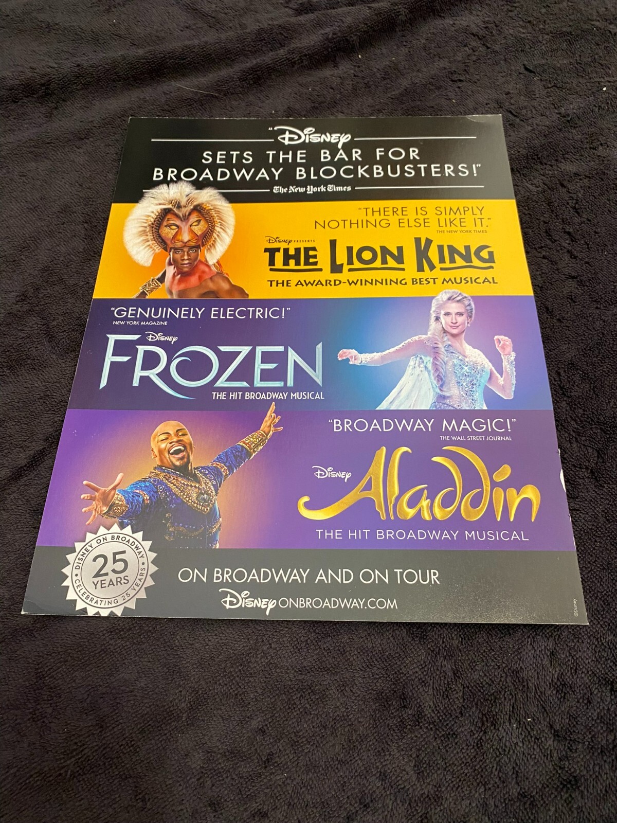 DISNEY’S THE LION KING, FROZEN, ALADDIN congrat ad ‘Disney on Broadway 25 Years”