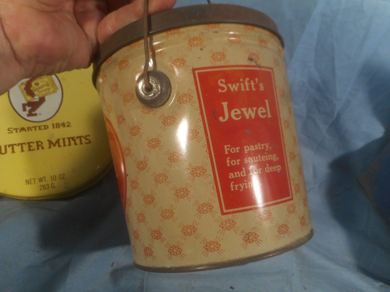 Swift’s Jewel Shortening tin Vintage 6″ X 6″ and one Whitman’s Butter Mints&Lids