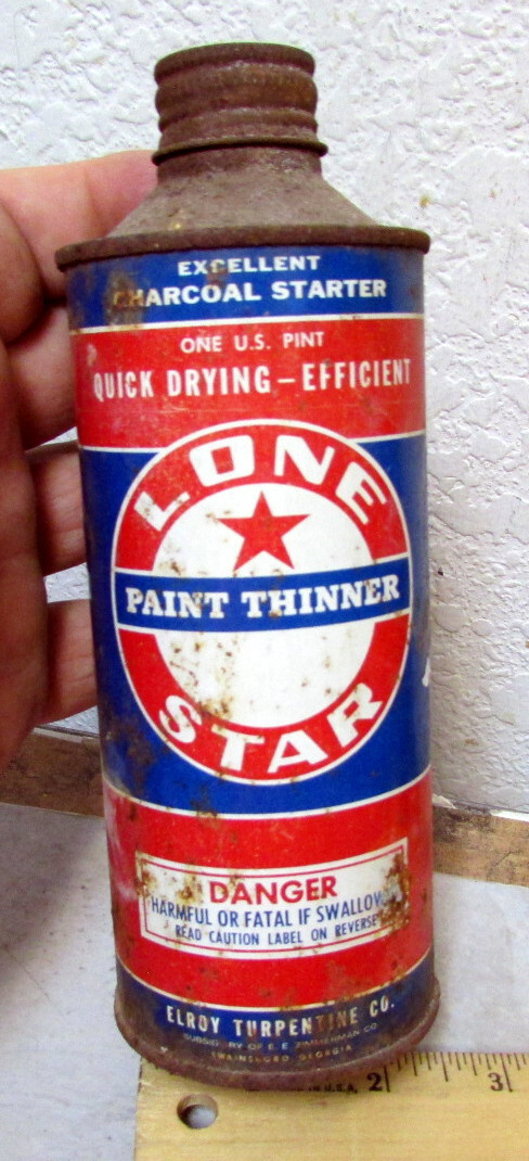 VINTAGE Lone Star Paint thinner empty cone top can, a bit rusty but nice colors