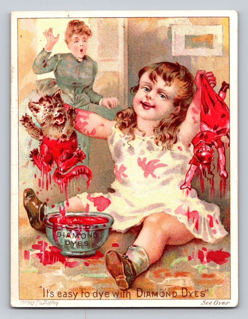 Diamond Dyes Girl Kitten Doll Dyed Mess Upset Mother Owl Drug Store P672