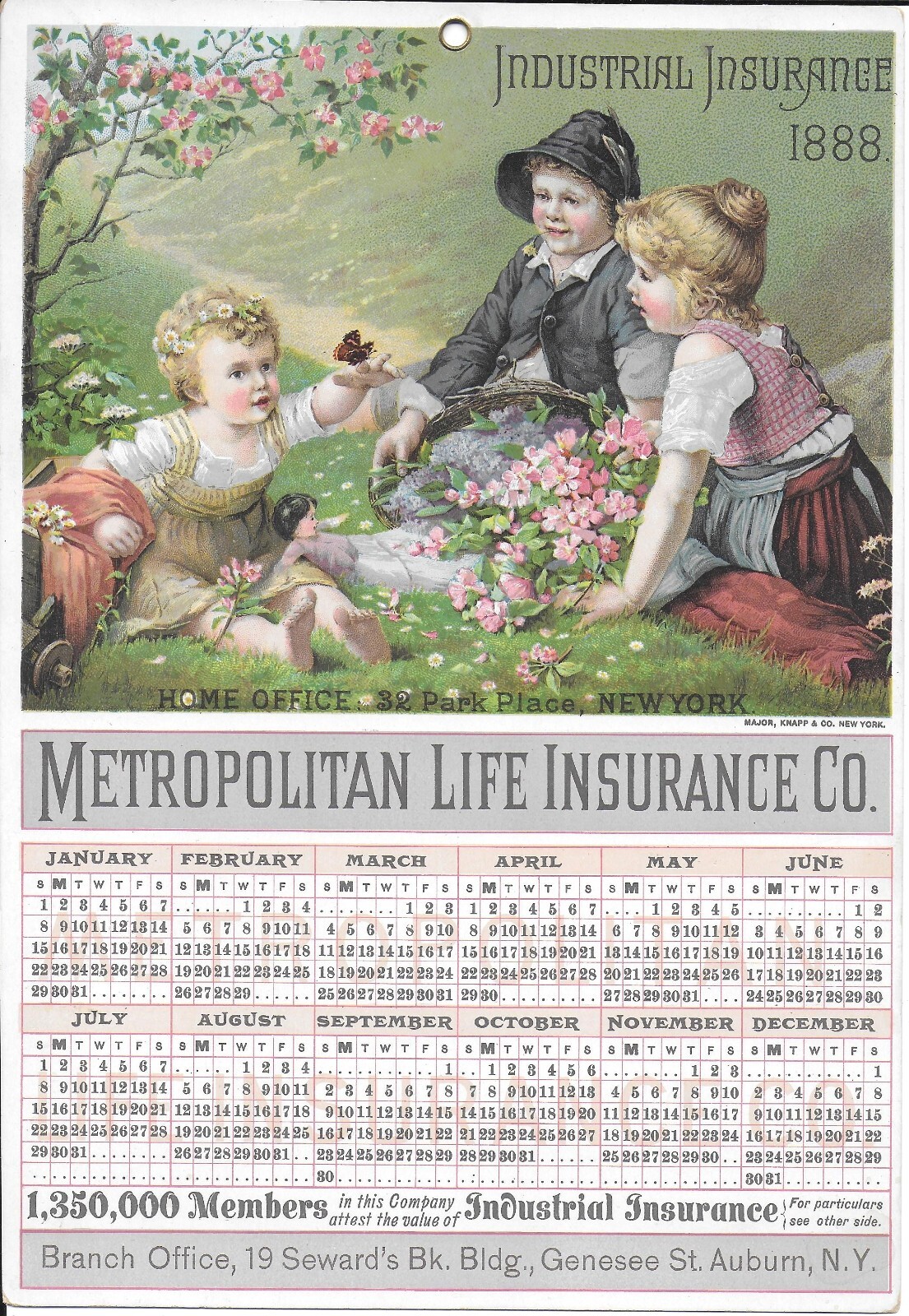 1888 Litho Metropolitan Life Insurance Wall Calendar – Children Playing in Field