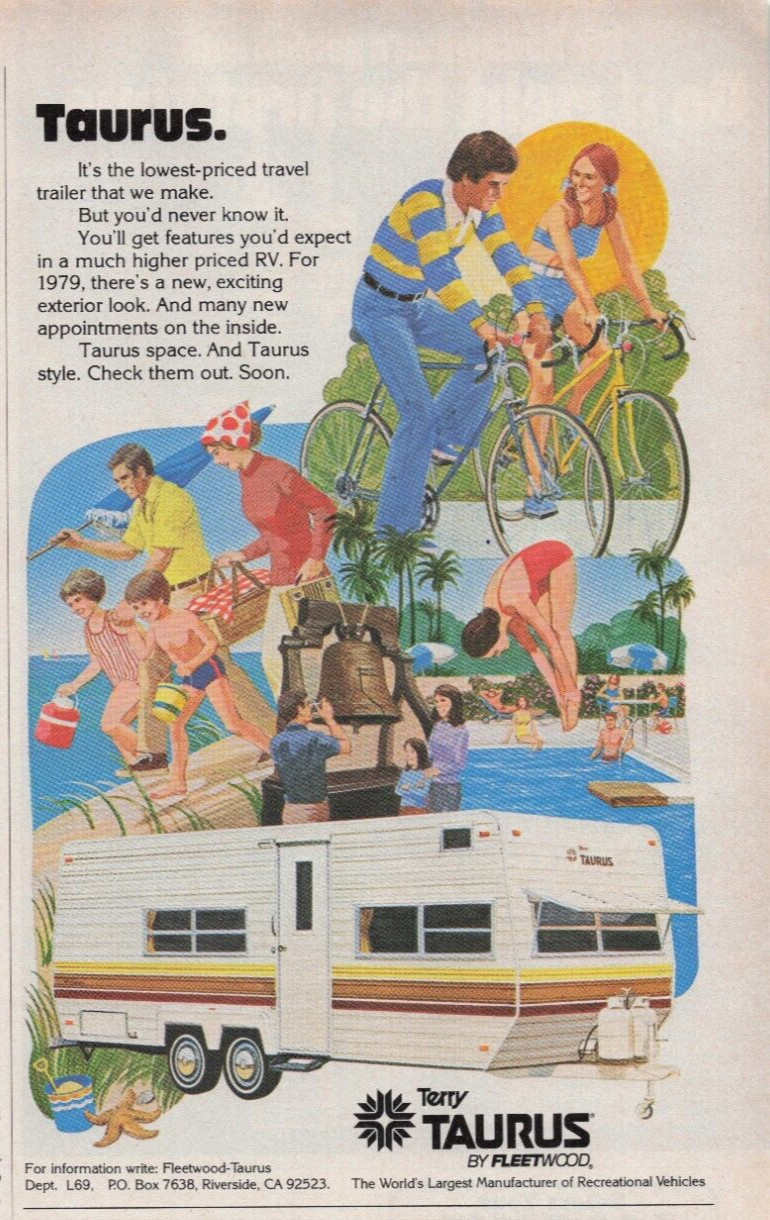 1979 Vintage Print Ad Terry Taurus by Fleetwood Trailer RV Biking Beach Swimming