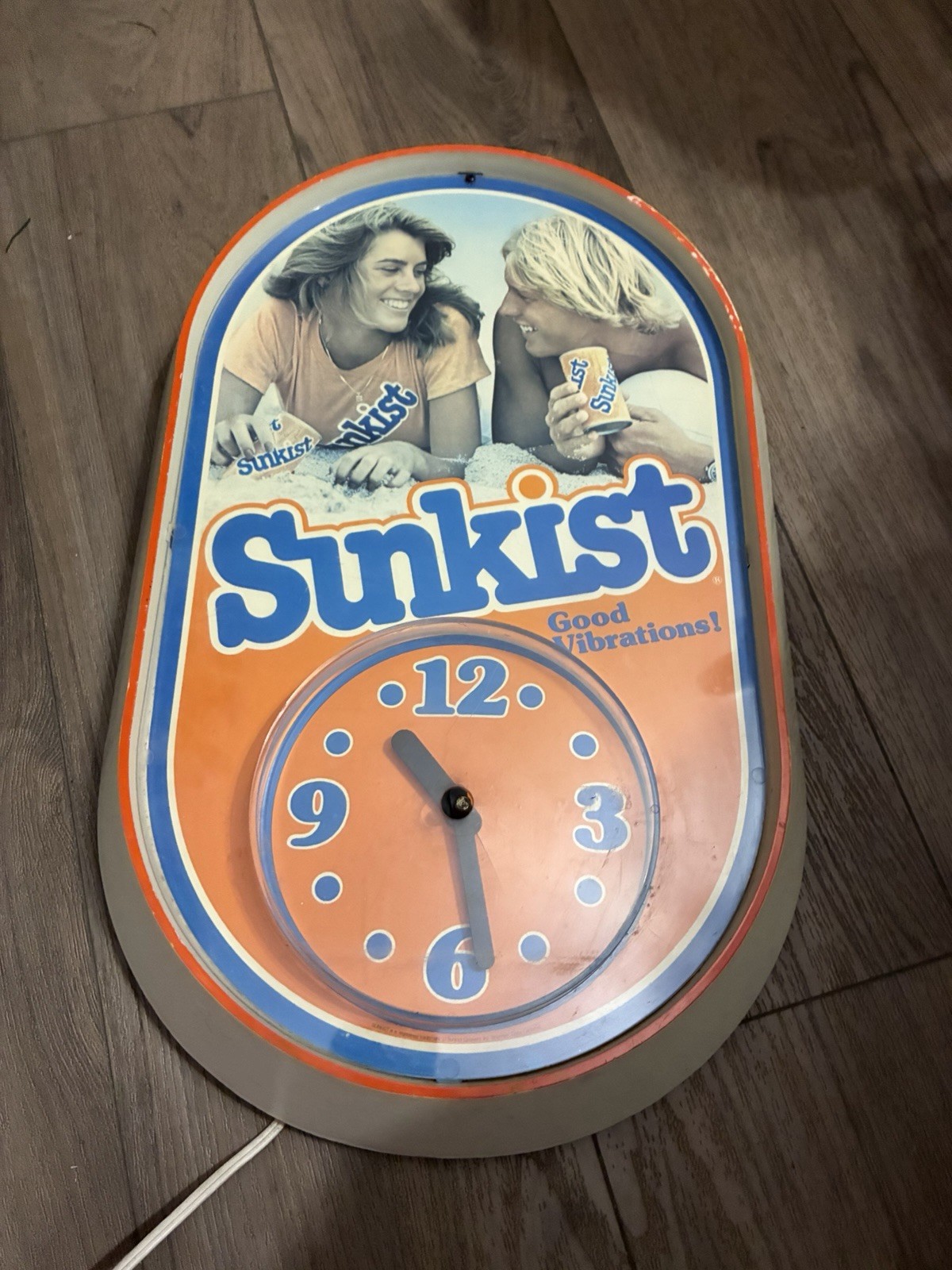 Vintage 19.5″ Sunkist Good Vibrations Ad Lighted Wall Clock Sign Working!